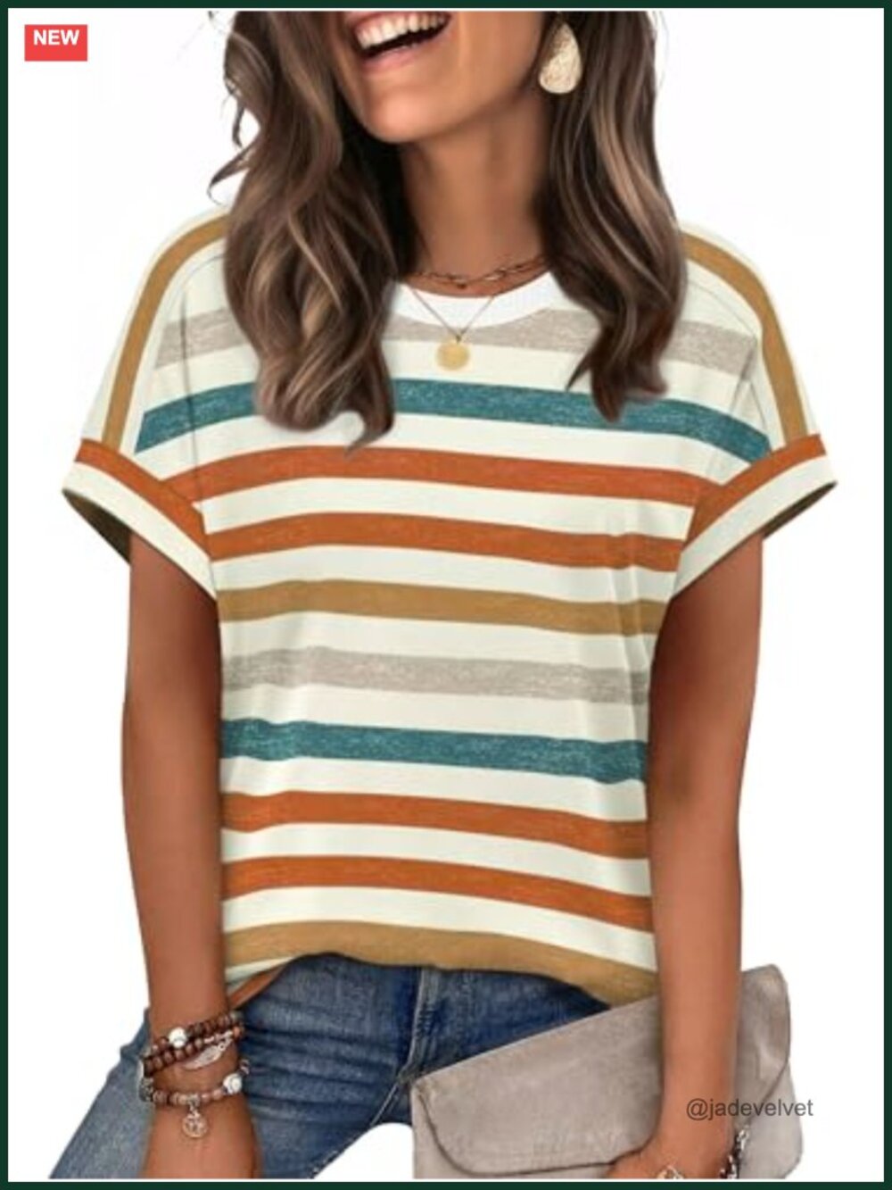 Womens Short Sleeve T-Shirt Striped Crewneck Summer Casual Top